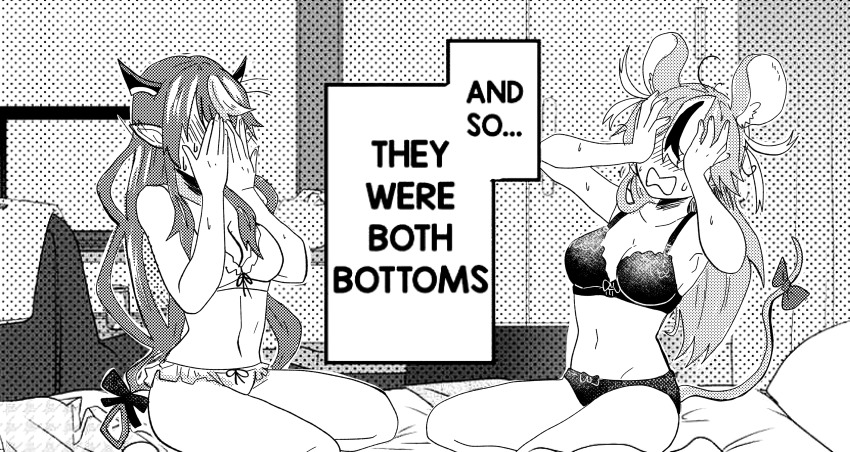 2girls, absurdres, alternate_costume, and_so_they_were_both_bottoms_(meme), animal_ears, black_bra, black_panties, blush