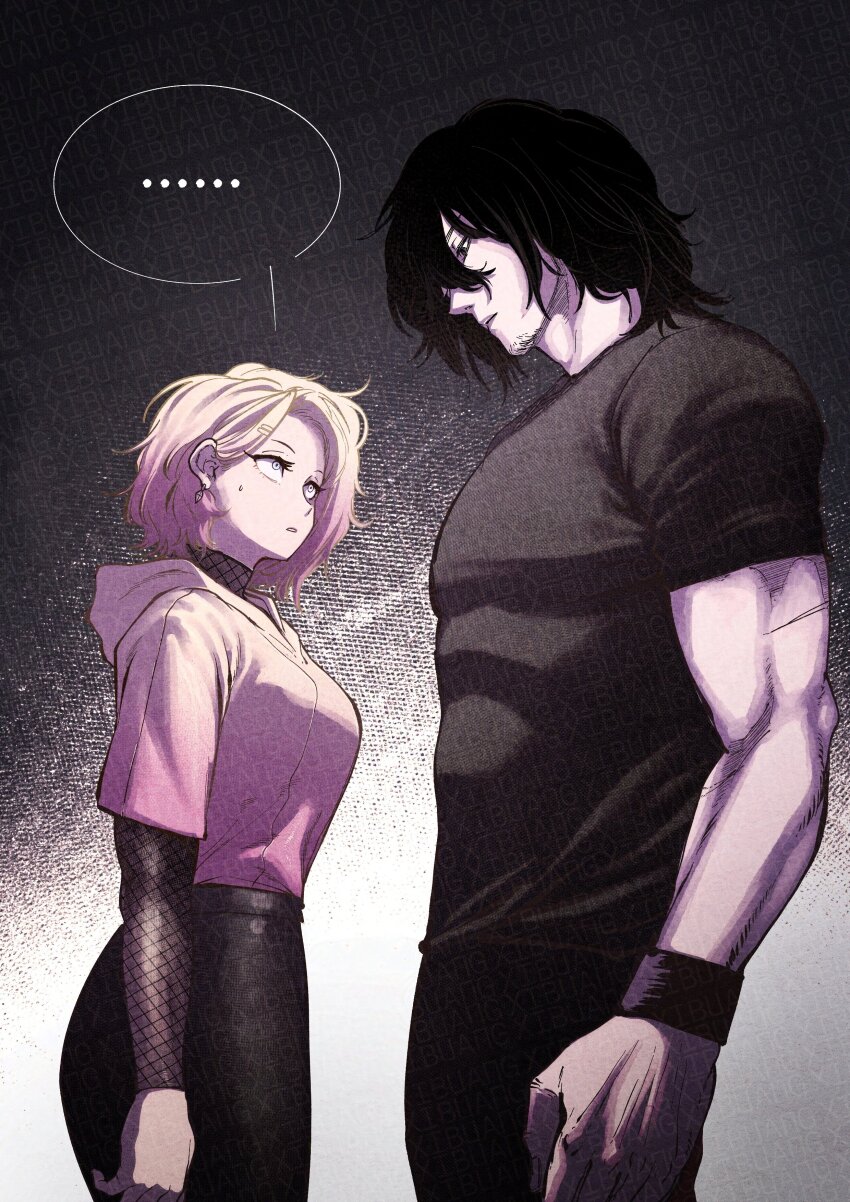 ..., 1boy, 1girl, absurdres, aged_up, bad_id, bad_twitter_id, black_hair, blonde_hair, earrings, gender_transitioning, height_difference, highres, hood, hoodie, jewelry, layered_sleeves, logan_(allenhara), long_hair, long_sleeves, medium_hair, multicolored_hair, muscular, muscular_male, original, pink_hair, sasha_(allenhara), short_over_long_sleeves, short_sleeves, speech_bubble, surprised, undershirt, watermark, watermark_grid, xi_buang