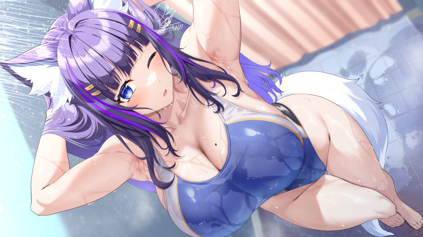 1girl, absurdres, animal_ear_fluff, animal_ears, armpits, arms_up, bare_legs, biro-budou