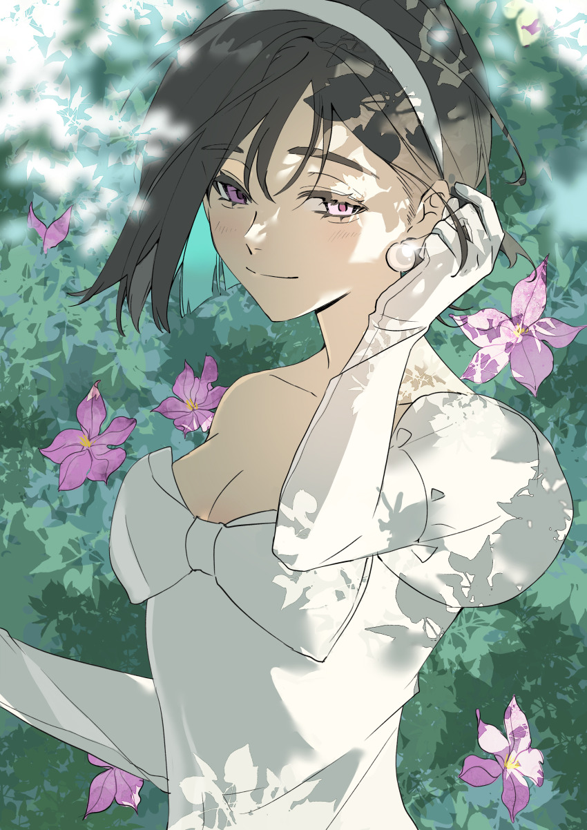 1girl, absurdres, alien_stage, black_hair, bow, chest_bow, chinese_commentary, clematis_(flower)