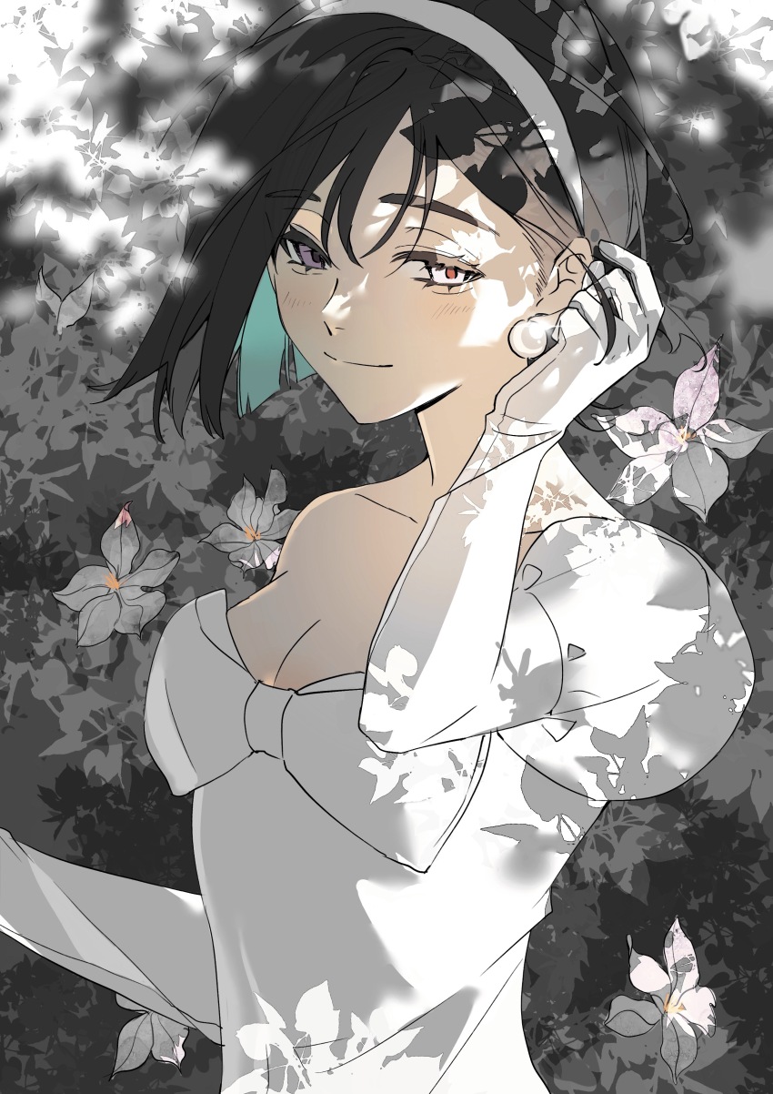 1girl, absurdres, alien_stage, black_hair, bow, chest_bow, chinese_commentary, clematis_(flower)