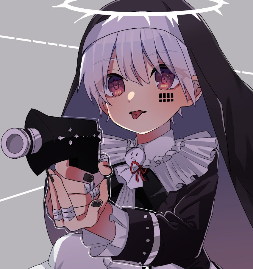 1boy, bandaged_fingers, bandages, barcode, barcode_tattoo, black_nails, frilled_sleeves, frills, grey_background, gun, halo, highres, holding, holding_gun, holding_weapon, indie_utaite, kamippoina_(vocaloid), mafumafu, mafuteru, nail_polish, nun, piercing, red_eyes, short_hair, tattoo, tongue, tongue_out, tongue_piercing, utaite, weapon, white_hair, white_halo, yuei_(n_t0s)