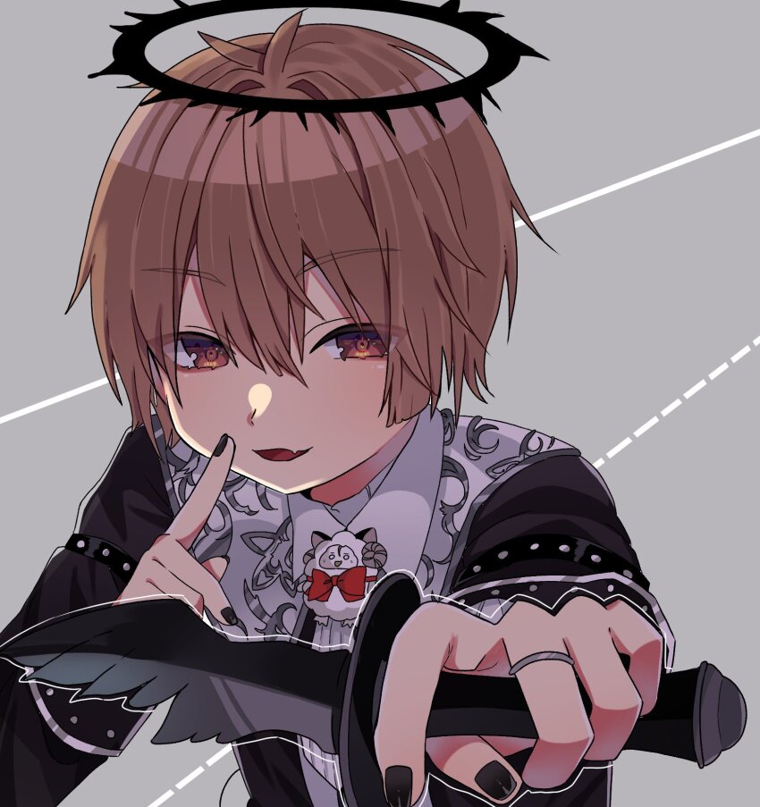 1boy, amatsuki_(utaite), black_halo, black_nails, brown_hair, fang, grey_background, halo