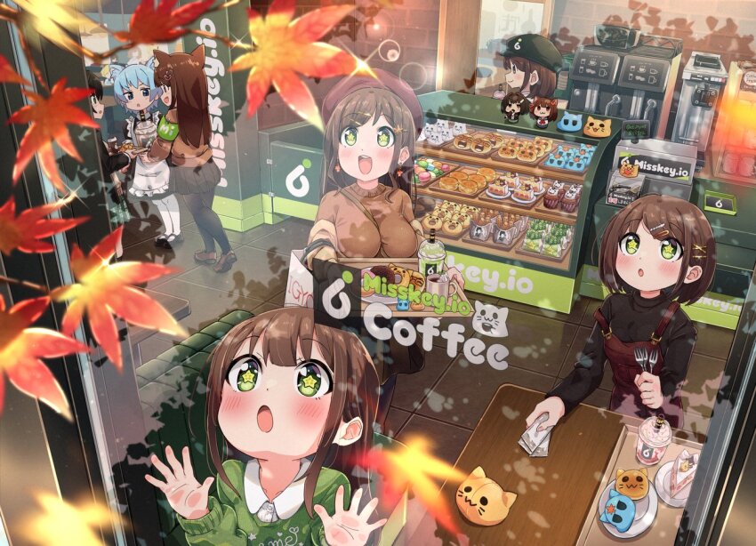 1boy, 6+girls, against_glass, ai-chan_(misskey.io), animal_ears, apron, armband, autumn