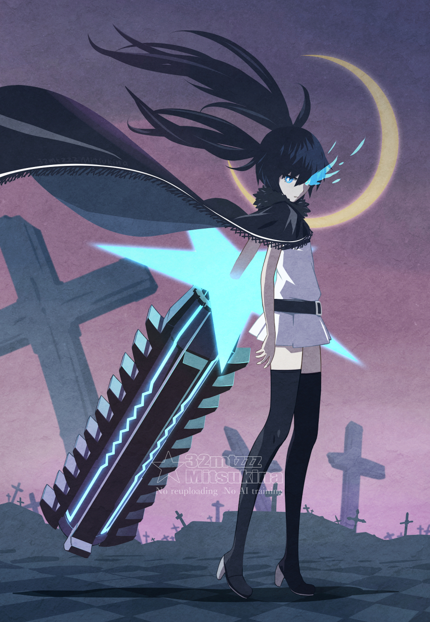 1girl, 1other, 32zzz, arm_cannon, belt, black_belt, black_hair, black_rock_shooter