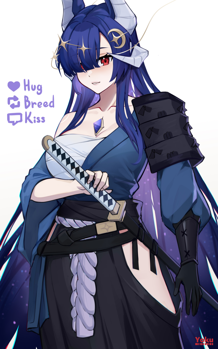 1girl, absurdres, alternate_costume, armor, bandaged_chest, black_gloves, black_hakama, blue_hair