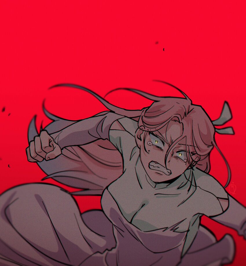 1girl, alien_stage, arm_cutout, breasts, cleavage, clenched_hand, clenched_teeth, clothing_cutout, commentary_request, dress, hair_ribbon, half_updo, highres, incoming_attack, incoming_punch, korean_commentary, long_hair, long_sleeves, mizi_(alien_stage), oujuchegang, pink_dress, pink_hair, punching, red_background, ribbon, simple_background, solo, tearing_up, teeth, two-tone_dress, very_long_hair, white_dress, white_ribbon, yellow_eyes