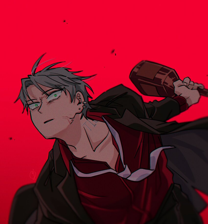 1boy, alien_stage, black_jacket, black_pants, bottle, collared_shirt, commentary_request, ear_piercing, earrings, green_eyes, grey_hair, highres, holding, holding_bottle, incoming_attack, jacket, jewelry, korean_commentary, long_sleeves, loose_necktie, male_focus, neck_tattoo, necktie, oujuchegang, pants, partially_unbuttoned, piercing, red_background, red_shirt, shirt, short_hair, simple_background, solo, tattoo, till_(alien_stage), veins, very_short_hair, white_necktie