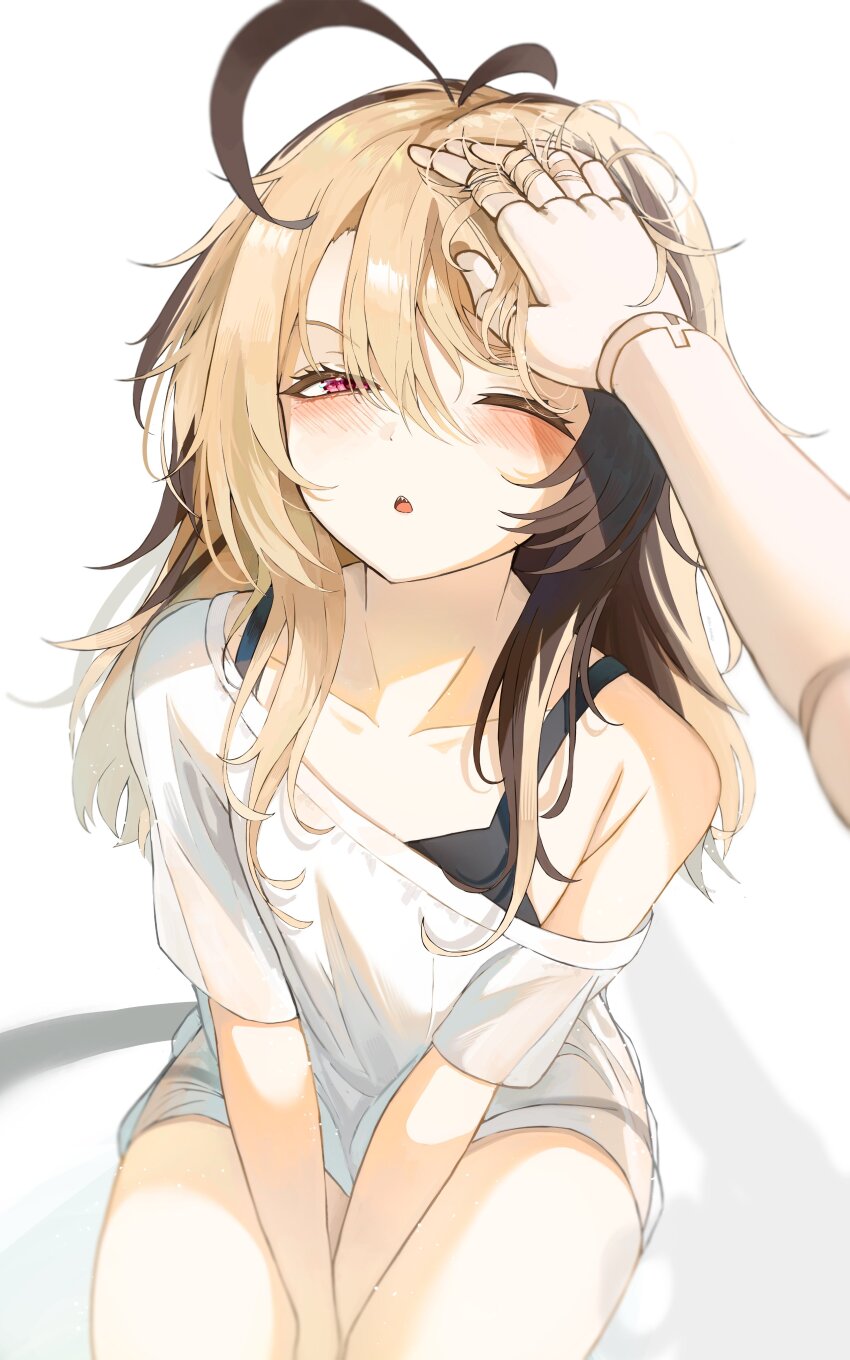 2girls, absurdres, alternate_costume, alternate_hairstyle, antenna_hair, bare_shoulders, between_legs, between_thighs, black_bra, bra, brown_hair, cecilia_immergreen, collarbone, doll_joints, dra_renard, female_pov, gigi_murin, hair_down, hand_between_legs, hands_on_lap, headpat, highres, hololive, hololive_english, joints, long_hair, multicolored_hair, multiple_girls, no_pants, one_eye_closed, open_mouth, pink_eyes, pov, pov_hands, red_eyes, see-through_clothes, see-through_shirt, shirt, simple_background, single_off_shoulder, sleepy, streaked_hair, two-tone_hair, underwear, v_arms, virtual_youtuber, waking_up, white_background, white_shirt