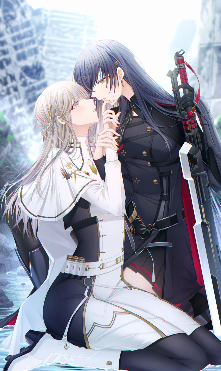 2girls, absurdres, black_footwear, black_hair, black_jacket, black_skirt, boots, brown_eyes