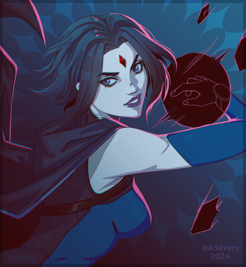 1girl, 2024, artist_name, blue_eyes, breasts, cape, colored_skin, commentary