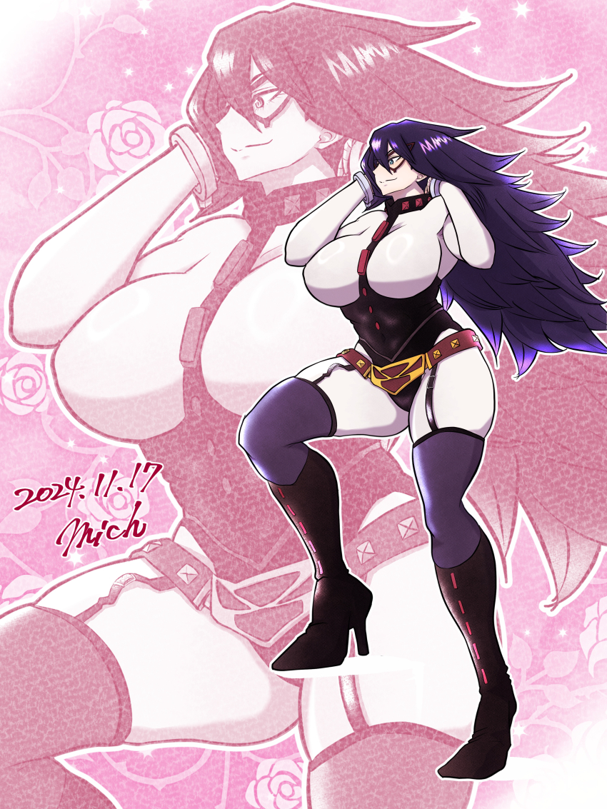 1girl, absurdres, big_hair, black_corset, bodysuit, boku_no_hero_academia, boots, breastless_clothes