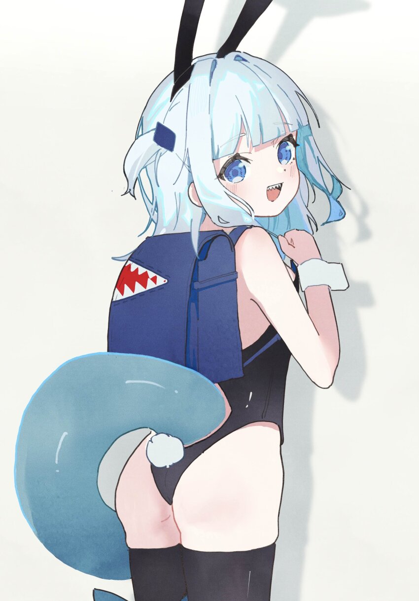 1girl, :o, absurdres, alternate_costume, animal_ears, ass, backpack, bag, bare_shoulders, black_leotard, black_thighhighs, blue_eyes, blue_hair, blunt_bangs, blush, brianlee709, clothing_cutout, cowboy_shot, fake_animal_ears, fake_tail, fins, fish_tail, from_behind, gawr_gura, hair_ornament, highres, hololive, hololive_english, leotard, loli, long_hair, looking_at_viewer, looking_back, open_mouth, playboy_bunny, rabbit_ears, rabbit_tail, randoseru, shadow, shark_girl, shark_hair_ornament, shark_tail, sharp_teeth, simple_background, skindentation, smile, strapless, strapless_leotard, tail, tail_through_clothes, teeth, thighhighs, thighs, two_side_up, upper_teeth_only, virtual_youtuber, white_background, wrist_cuffs