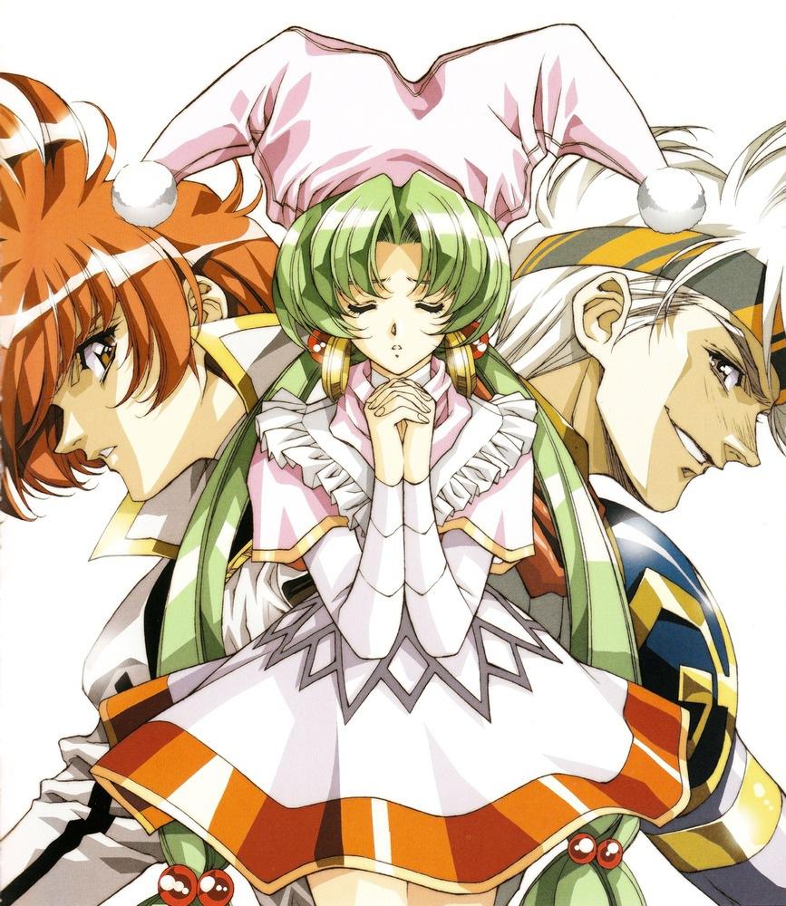 1990s_(style), 1girl, 2boys, ahoge, brown_eyes, closed_eyes, dress, earrings, green_hair, grey_eyes, grin, hat, headband, jester_cap, jewelry, landius_(langrisser), langrisser, langrisser_iv, langrisser_v, long_hair, multiple_boys, nightcap, official_art, orange_hair, own_hands_clasped, own_hands_together, parted_bangs, retro_artstyle, sad, scan, schelfaniel_(langrisser), serious, sigma_(langrisser), simple_background, smile, twintails, urushihara_satoshi, white_hair