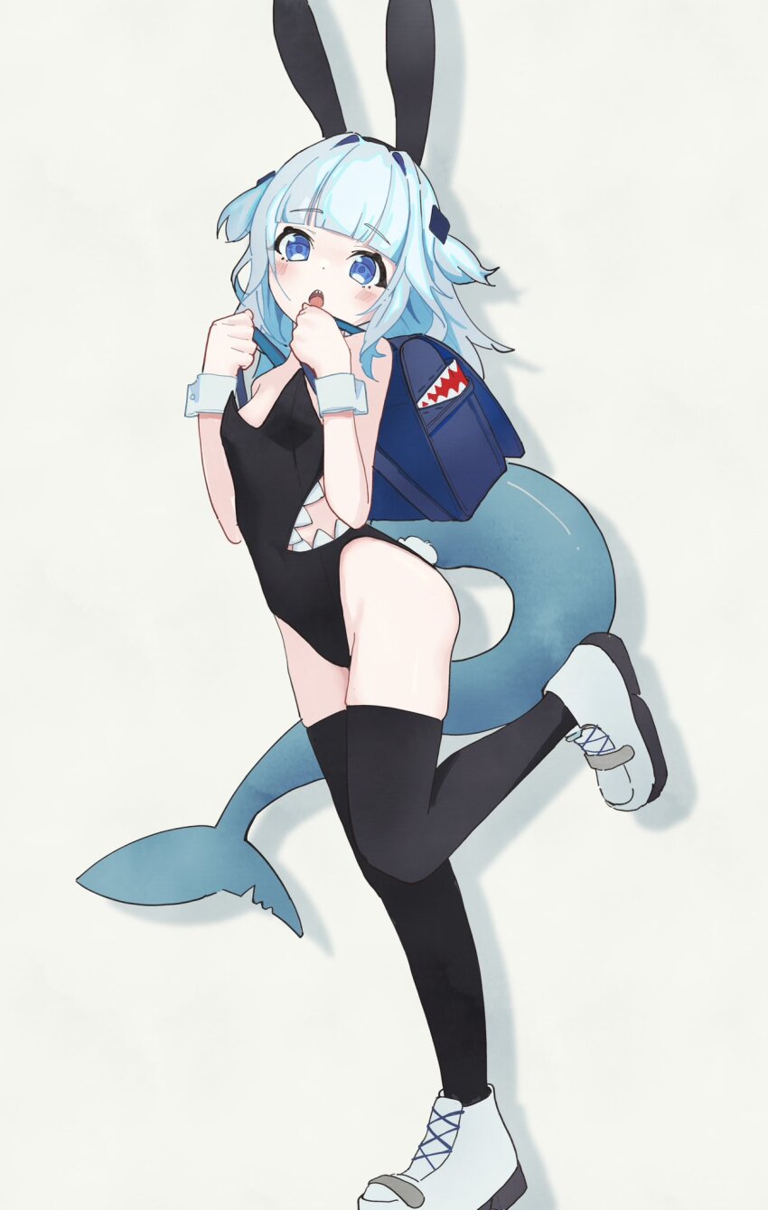 1girl, :o, alternate_costume, animal_ears, backpack, bag, bare_shoulders, black_leotard