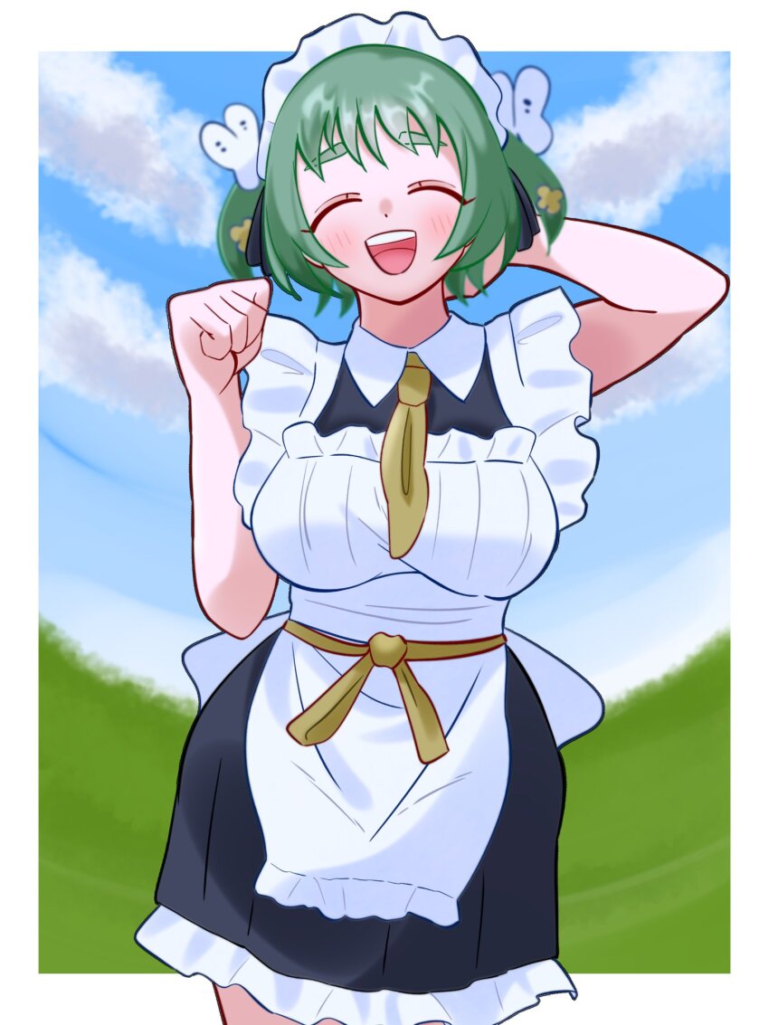 1girl, alternate_costume, apron, arm_behind_head, breasts, bug, butterfly, closed_eyes, cloud, green_hair, highres, insect, kimi_no_koto_ga_dai_dai_dai_dai_daisuki_na_100-nin_no_kanojo, maid, maid_tiger, necktie, scenery, sky, smile, white_apron, yasashiki_yamame, yellow_necktie