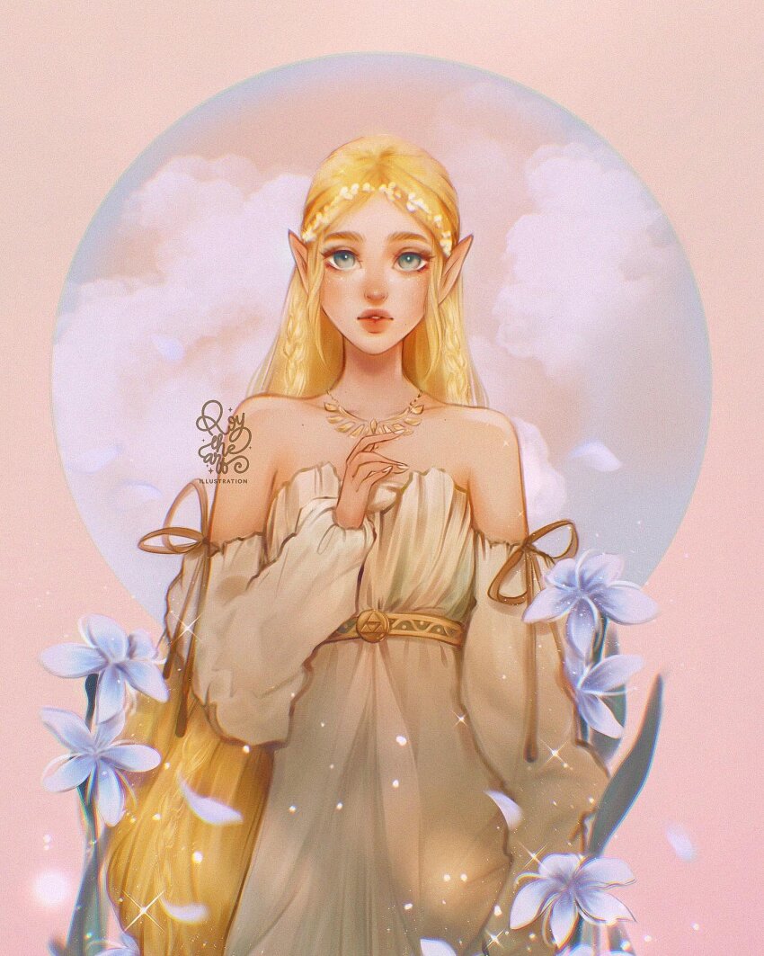 1girl, belt, blonde_hair, blue_eyes, braid, circle, commentary, cowboy_shot