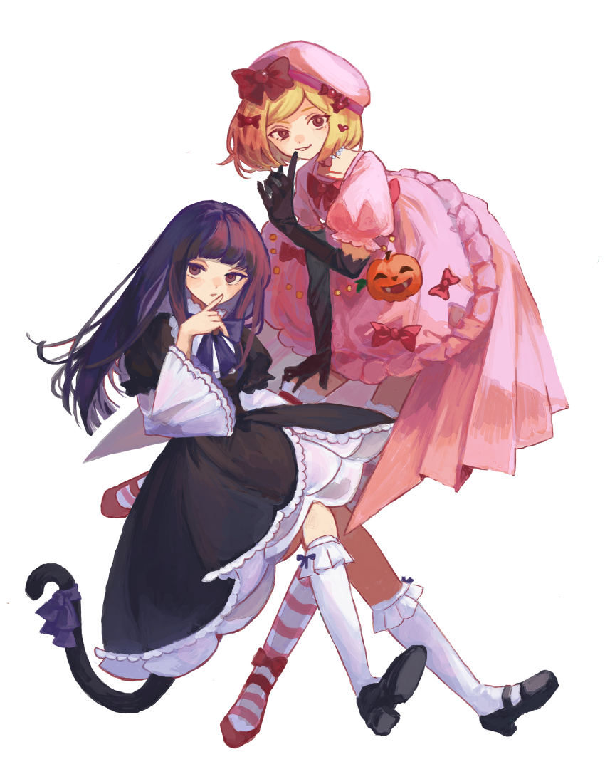 2girls, absurdres, aramosaurus, beret, black_dress, black_footwear, black_gloves, blonde_hair