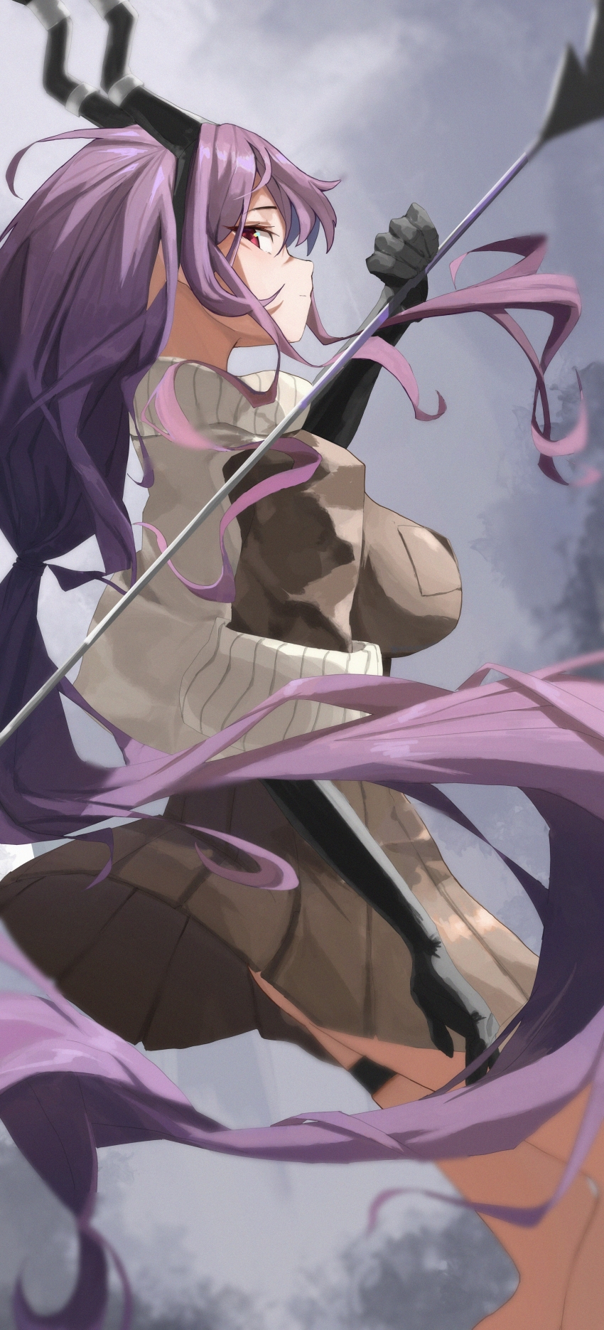 1girl, absurdres, arknights, arm_up, black_gloves, black_horns, brown_dress, chinese_commentary, closed_mouth, commentary_request, cowboy_shot, dress, elbow_gloves, expressionless, film_grain, gloves, highres, holding, horns, long_hair, looking_at_viewer, maka_bei, pleated_dress, profile, purple_hair, red_eyes, sideways_glance, solo, standing, typhon_(arknights), wind