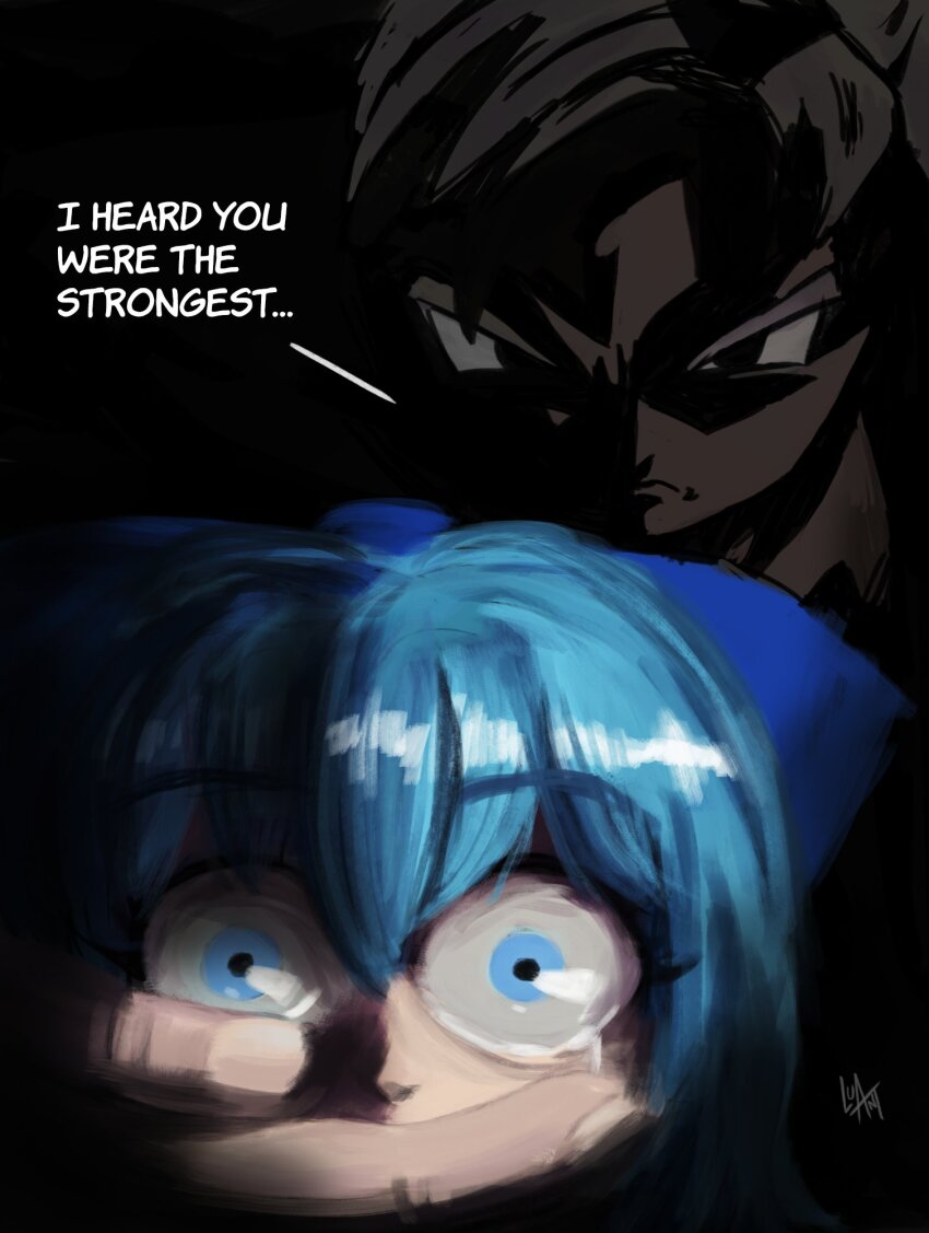 1boy, 1girl, black_background, blue_bow, blue_eyes, blue_hair, bow, cirno, closed_mouth, commentary, dragon_ball, english_commentary, english_text, girl_with_mans_hand_over_mouth_(meme), hair_bow, highres, impending_doom, looking_at_viewer, luant, meme, partially_shaded_face, short_hair, signature, son_goku, tears, touhou