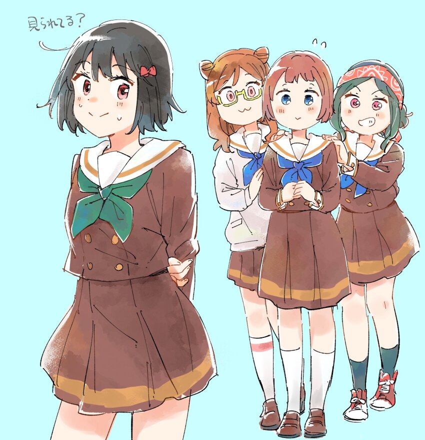 4girls, :3, amano_shin, animal_ears, bandana, black_hair, black_socks, blue_background