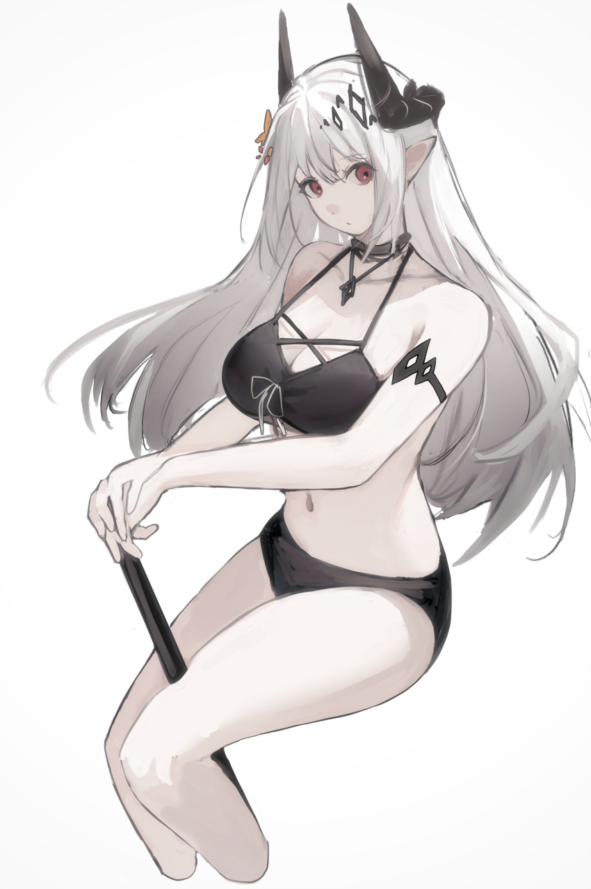 1girl, absurdres, arknights, bikini, black_bikini, black_horns, breasts, cleavage, closed_mouth, commentary_request, cropped_legs, expressionless, grey_background, grey_hair, hair_between_eyes, harume_neko, highres, horns, invisible_chair, jewelry, large_breasts, long_hair, looking_at_viewer, mudrock_(arknights), mudrock_(silent_night)_(arknights), navel, necklace, official_alternate_costume, own_hands_together, partial_commentary, pointy_ears, red_eyes, simple_background, sitting, sketch, solo, swimsuit