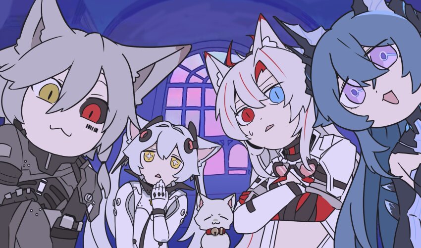 1boy, 1other, 3girls, alpha:_crimson_weave_(pgr), alpha_(pgr), animal_ears, aqua_hair, barcode, barcode_tattoo, bell, black_bodysuit, black_sclera, blue_eyes, bodysuit, cat, cat_ears, colored_sclera, cross-shaped_pupils, crossed_bangs, eyewear_around_neck, facial_tattoo, fei_xun_jia_jia_yu, fins, grey_hair, grey_jacket, hair_between_eyes, hair_ornament, head_fins, heterochromia, highres, jacket, jingle_bell, lamia:_lost_lullaby_(pgr), lamia_(pgr), long_hair, looking_at_viewer, luna:_laurel_(pgr), luna_(pgr), mechanical_arms, mismatched_sclera, multiple_girls, open_clothes, open_jacket, open_mouth, punishing:_gray_raven, purple_eyes, red_eyes, red_streaks, roland:_flambeau_(pgr), roland_(pgr), shell, shell_hair_ornament, single_mechanical_arm, sweatdrop, symbol-shaped_pupils, tattoo, twintails, very_long_hair, white_bodysuit, white_cat, yellow_eyes