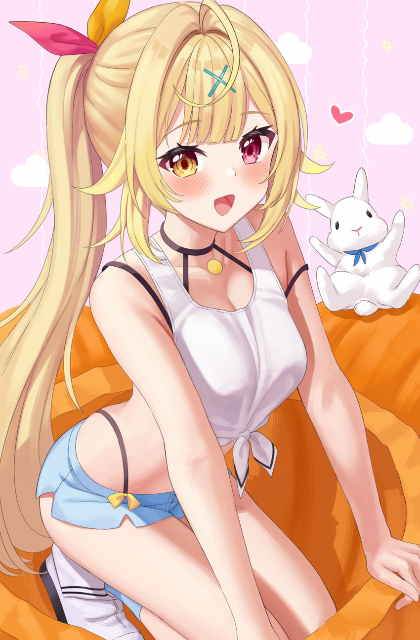 1girl, bare_shoulders, black_choker, black_panties, blonde_hair, blue_shirt, blue_socks, blush