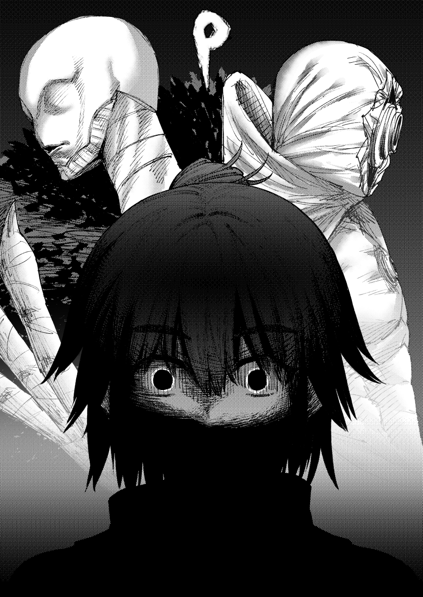 1girl, 2boys, absurdres, artificial_eye, bestial_choujin, black_feathers, choujin_x, cyclops