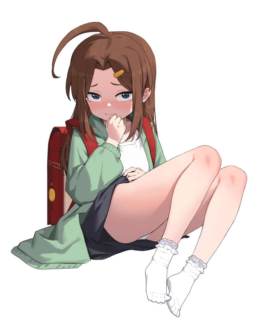 1girl, absurdres, ahoge, backpack, bag, blue_eyes, blush, brown_hair, frilled_socks, frills, full_body, green_jacket, highres, huajitian, huge_ahoge, jacket, knees, legs, loli, long_hair, panties, parted_bangs, randoseru, shiraishi_marika, shirt, shy, skirt, socks, solo, thighs, tsuma_shougakusei_ni_naru, underwear, white_shirt, white_socks