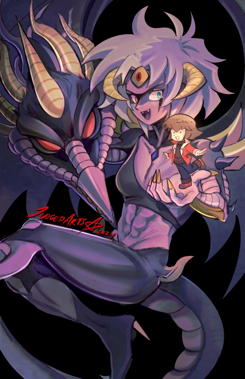 blue_eyes, blue_hair, brown_hair, chibi, claws, demon_girl, demon_horns, demon_wings