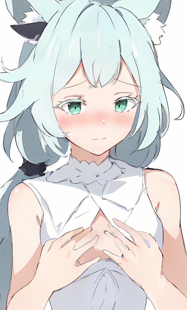 1girl, animal_ear_fluff, animal_ears, aqua_hair, arknights, bare_arms, bare_shoulders, blush
