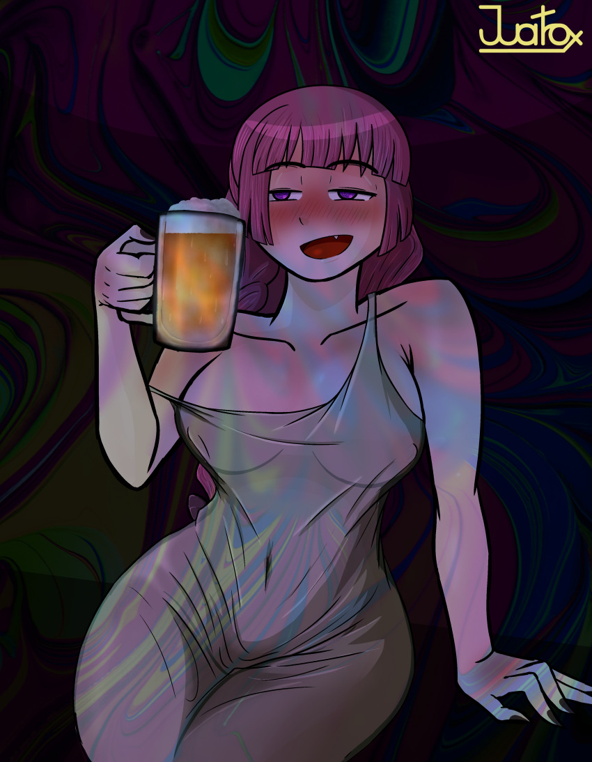 1girl, absurdres, alcohol, alcohol_carton, alternate_breast_size, bocchi_the_rock!, breasts, dress