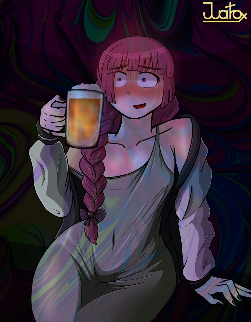 1girl, absurdres, alcohol, alcohol_carton, bocchi_the_rock!, dress, drink_carton, drunk