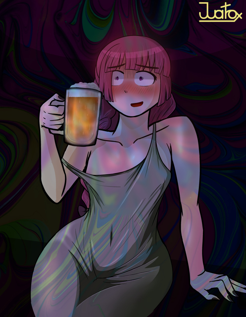 1girl, absurdres, alcohol, alcohol_carton, bocchi_the_rock!, dress, drink_carton, drunk