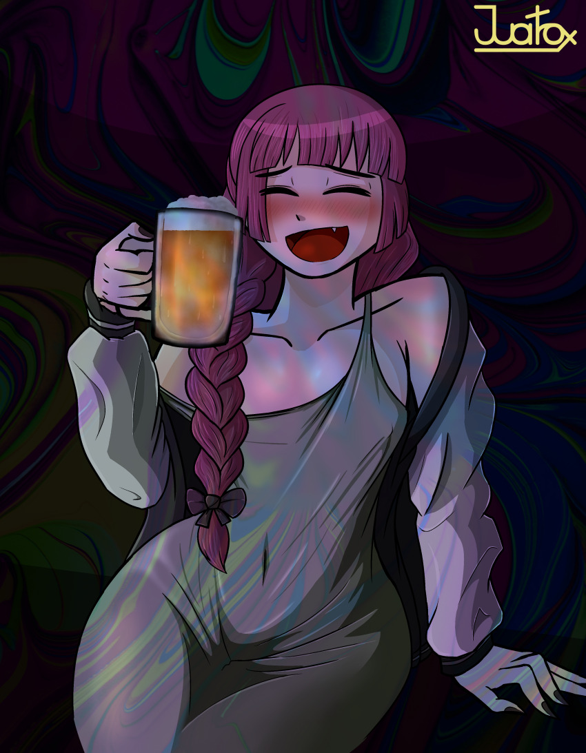 1girl, absurdres, alcohol, alcohol_carton, bocchi_the_rock!, dress, drink_carton, drunk