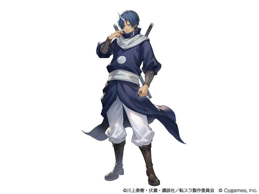 1boy, black_boots, black_nails, blue_eyes, blue_hair, boots, closed_mouth, dual_wielding, full_body, granblue_fantasy, hair_between_eyes, high_collar, highres, holding, horns, official_art, short_hair, single_horn, solo, soei_(tensura), sword, tensei_shitara_slime_datta_ken, weapon, yuzunoyu