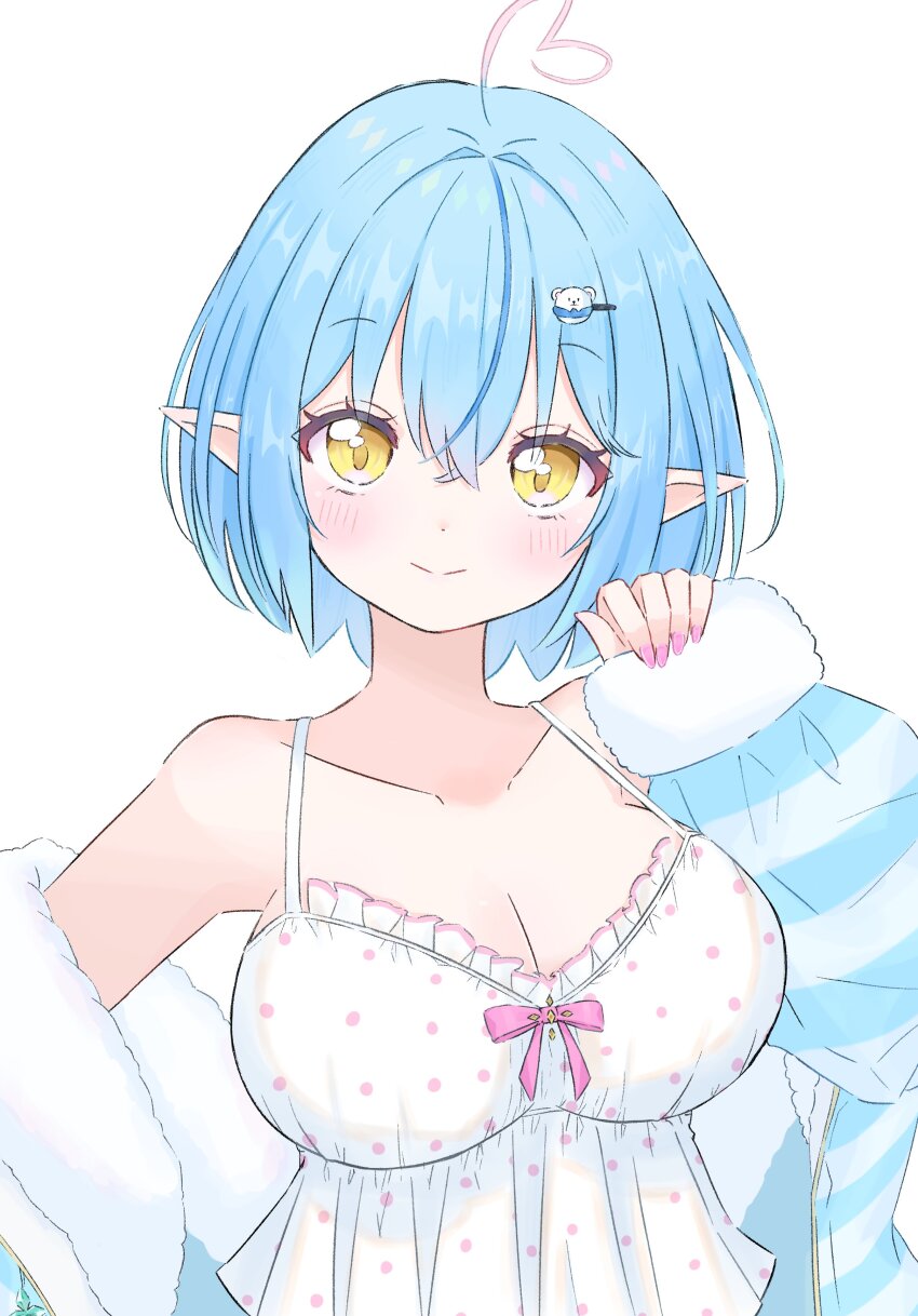 1girl, absurdres, ahoge, bare_shoulders, blue_hair, blue_jacket, breasts, camisole