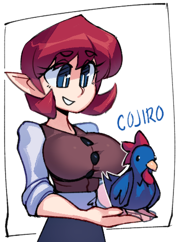 1girl, 1other, animal, anju_(zelda), bird, blue_eyes, breasts, bright_pupils, character_name, chicken, cojiro_(zelda), cragscleft, cucco, holding, holding_animal, large_breasts, nintendo, pointy_ears, red_hair, rooster, smile, the_legend_of_zelda, the_legend_of_zelda:_ocarina_of_time, upper_body, white_background, white_pupils