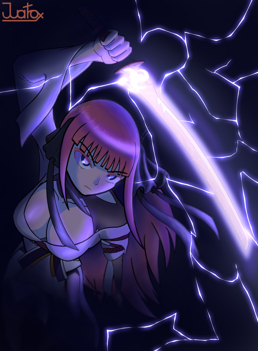 1girl, absurdres, black_cardigan, black_ribbon, blue_eyes, breasts, butterfly_hair_ornament, cardigan, genshin_impact, go-toubun_no_hanayome, hair_ornament, highres, japanese_clothes, juatrox, kimono, large_breasts, long_hair, mihoyo, nakano_nino, pink_hair, purple_eyes, raiden_shogun, ribbon, shirt, simple_background, solo, white_shirt