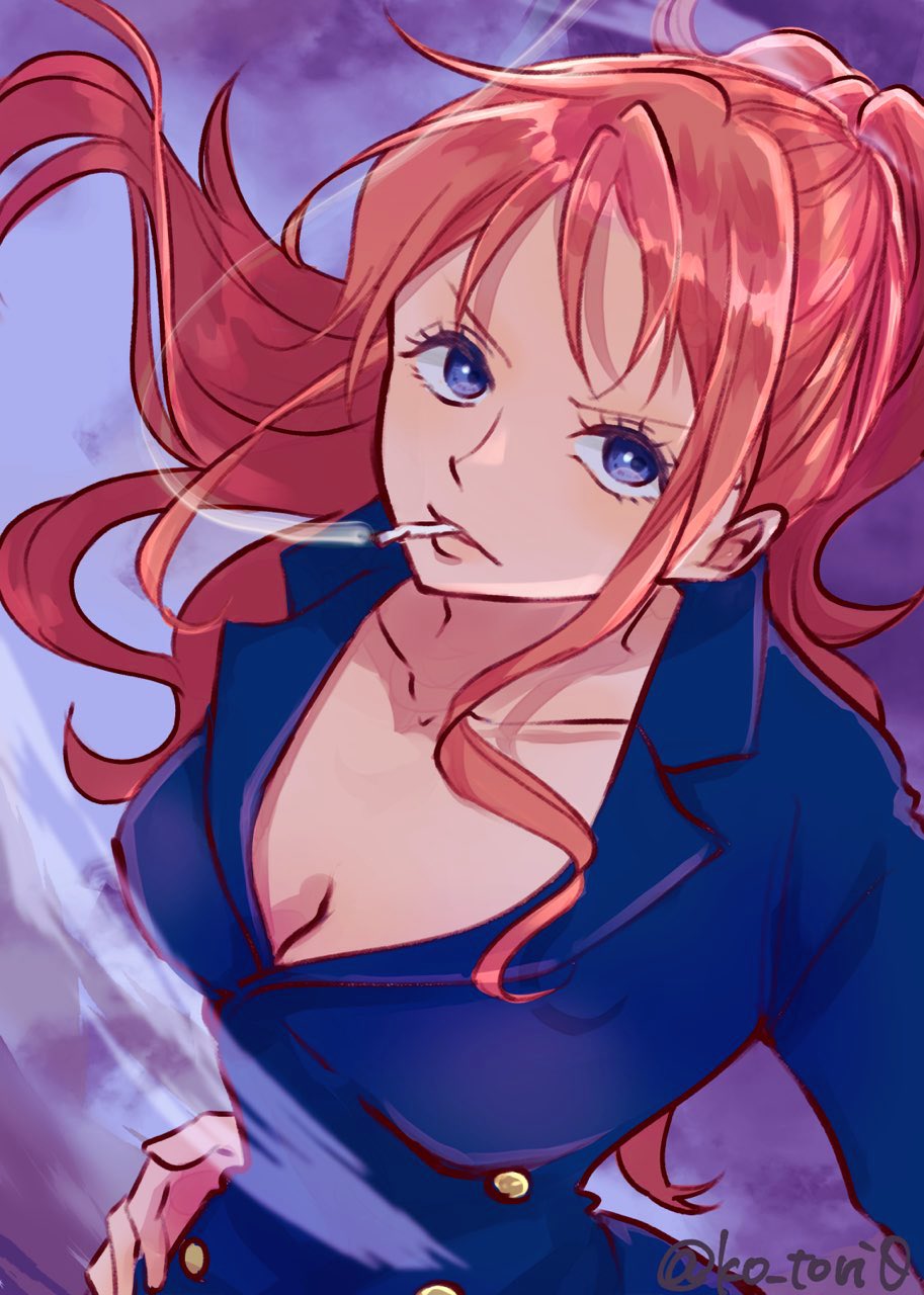 1girl, artist_name, blue_coat, blue_eyes, breasts, cigarette, cleavage, coat