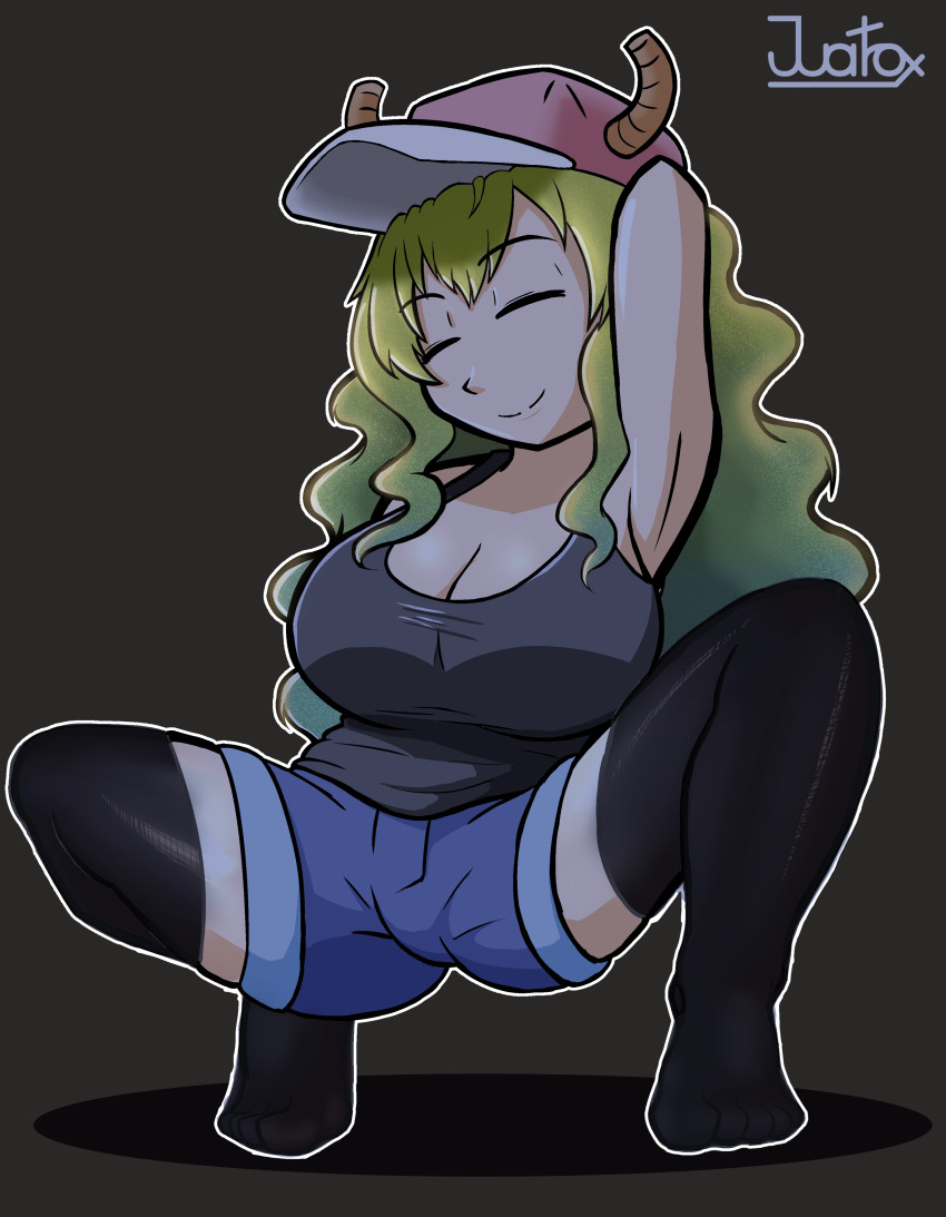 1girl, absurdres, black_tank_top, blonde_hair, breasts, closed_eyes, commentary, dragon_girl