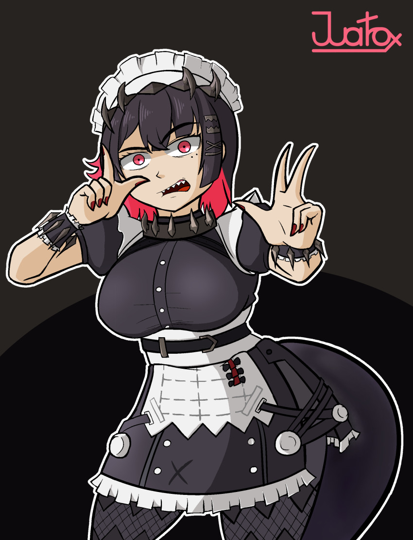 1girl, absurdres, black_hair, breasts, colored_inner_hair, commentary, ellen_joe, fins