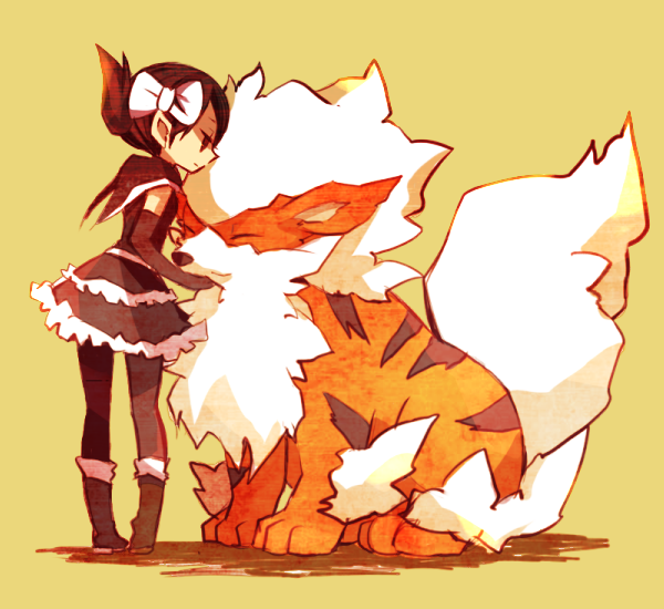 ao_(blue_bunny), arcanine, black_hair, bow, dress, gen_1_pokemon, marley_(pokemon), nintendo, pantyhose, pokemon, pokemon_(creature)