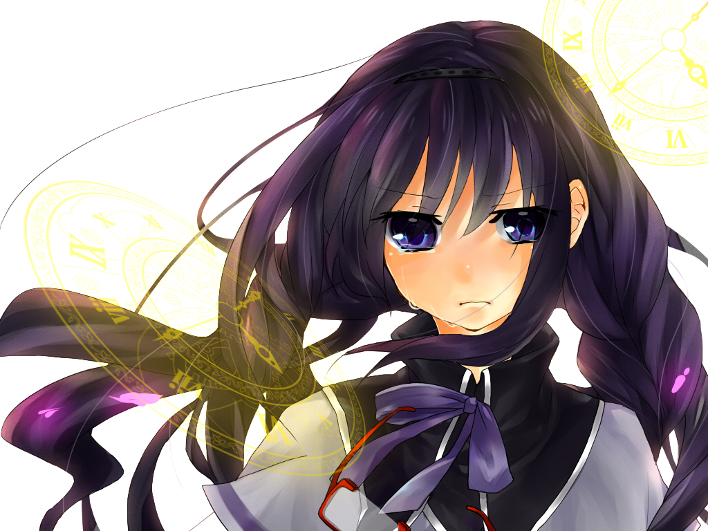 10s, 1girl, akemi_homura, akemi_homura_(magical_girl), bad_id, bad_pixiv_id, blue_eyes, braid, clock, female_focus, glasses, mahou_shoujo_madoka_magica, mahou_shoujo_madoka_magica_(anime), makino_(yanakayosie), purple_hair, red-framed_eyewear, roman_numeral, solo, spoilers, tears, unworn_eyewear