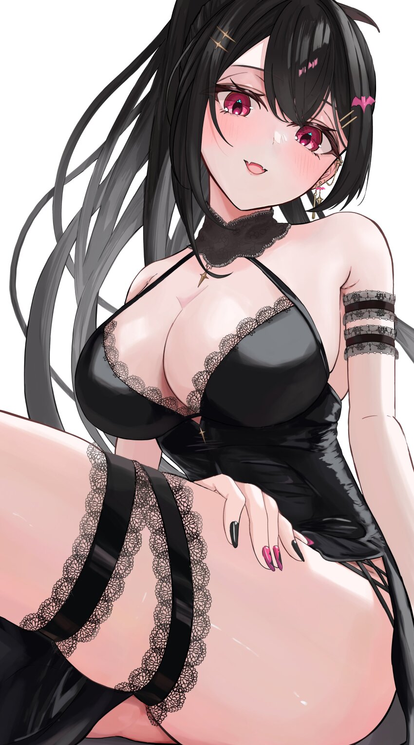 1girl, absurdres, arm_strap, bare_shoulders, bat_hair_ornament, black_dress, black_hair, black_nails