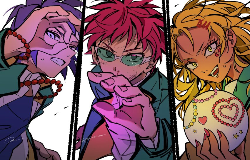 1girl, 2boys, aiura_mikoto, bead_bracelet, bead_necklace, beads, blonde_hair, blue_shirt