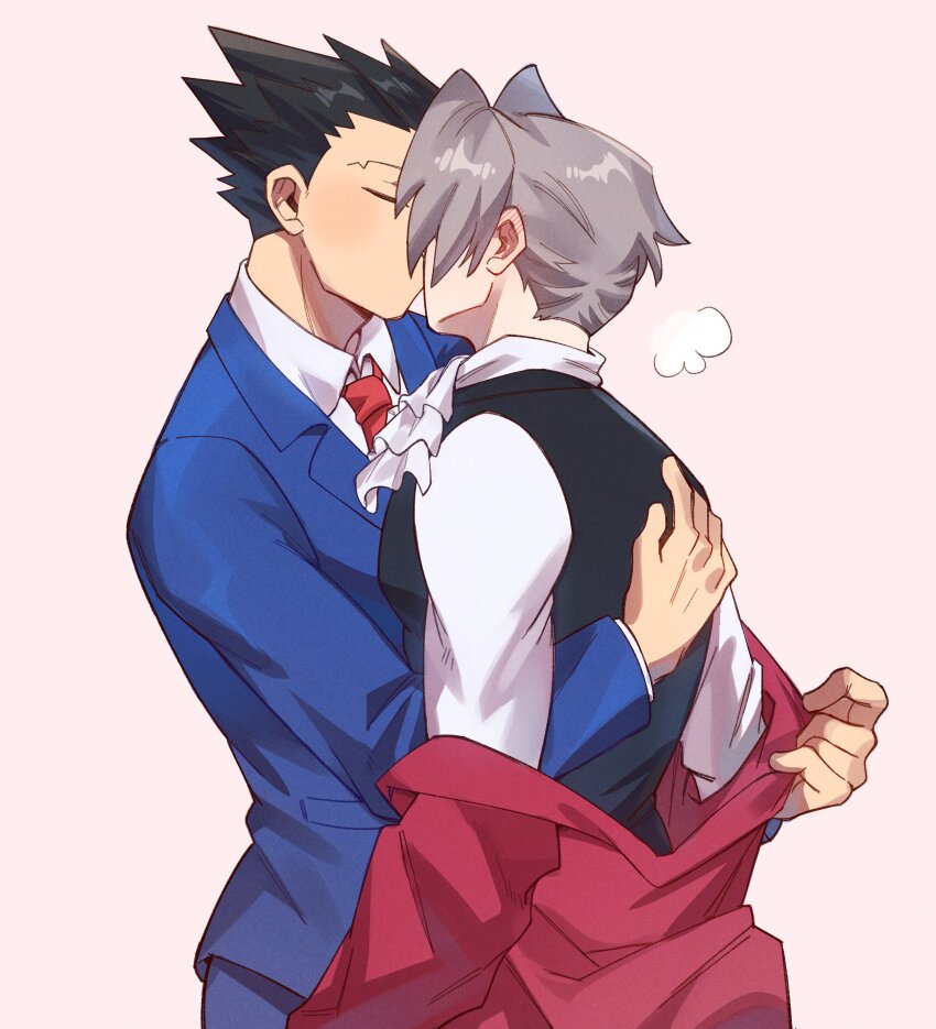 2boys, absurdres, ace_attorney, ascot, black_hair, black_vest, blue_jacket, blue_pants, blue_suit, closed_eyes, couple, formal_clothes, grey_hair, hand_on_another's_back, highres, jacket, kiss, koge_(natsub_bkoge), long_sleeves, male_focus, miles_edgeworth, multiple_boys, necktie, pants, parted_bangs, phoenix_wright, red_jacket, red_necktie, shirt, short_hair, simple_background, spiked_hair, suit, undressing_another, vest, white_ascot, white_shirt, yaoi