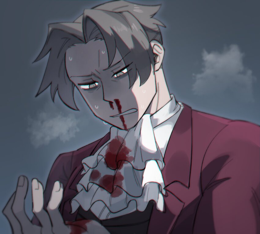 1boy, absurdres, ace_attorney, ascot, bags_under_eyes, black_vest, blood, blood_on_clothes