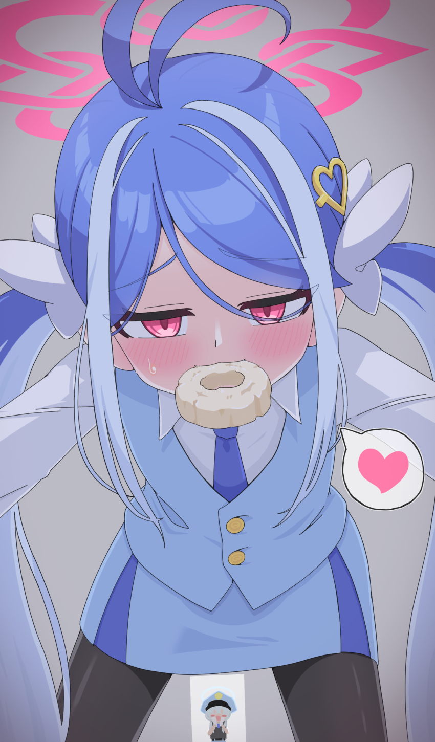 2girls, absurdres, akayore, antenna_hair, blue_archive, blue_hair, donut, food